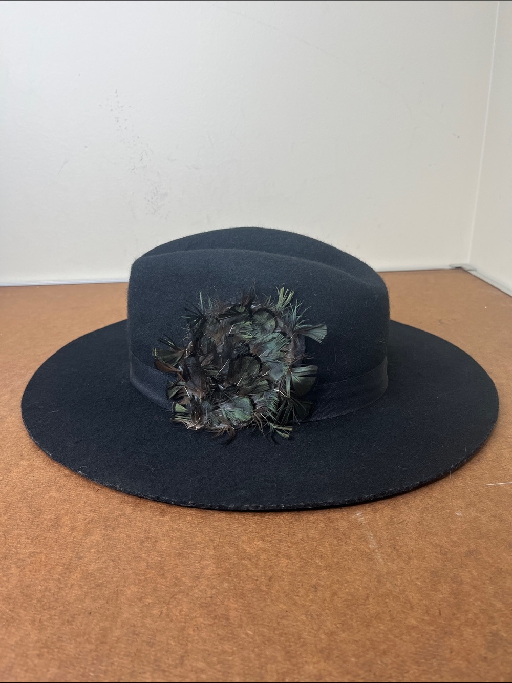 Tildon Black Wide-Brim Floppy Felt Hat with Feather Rosette